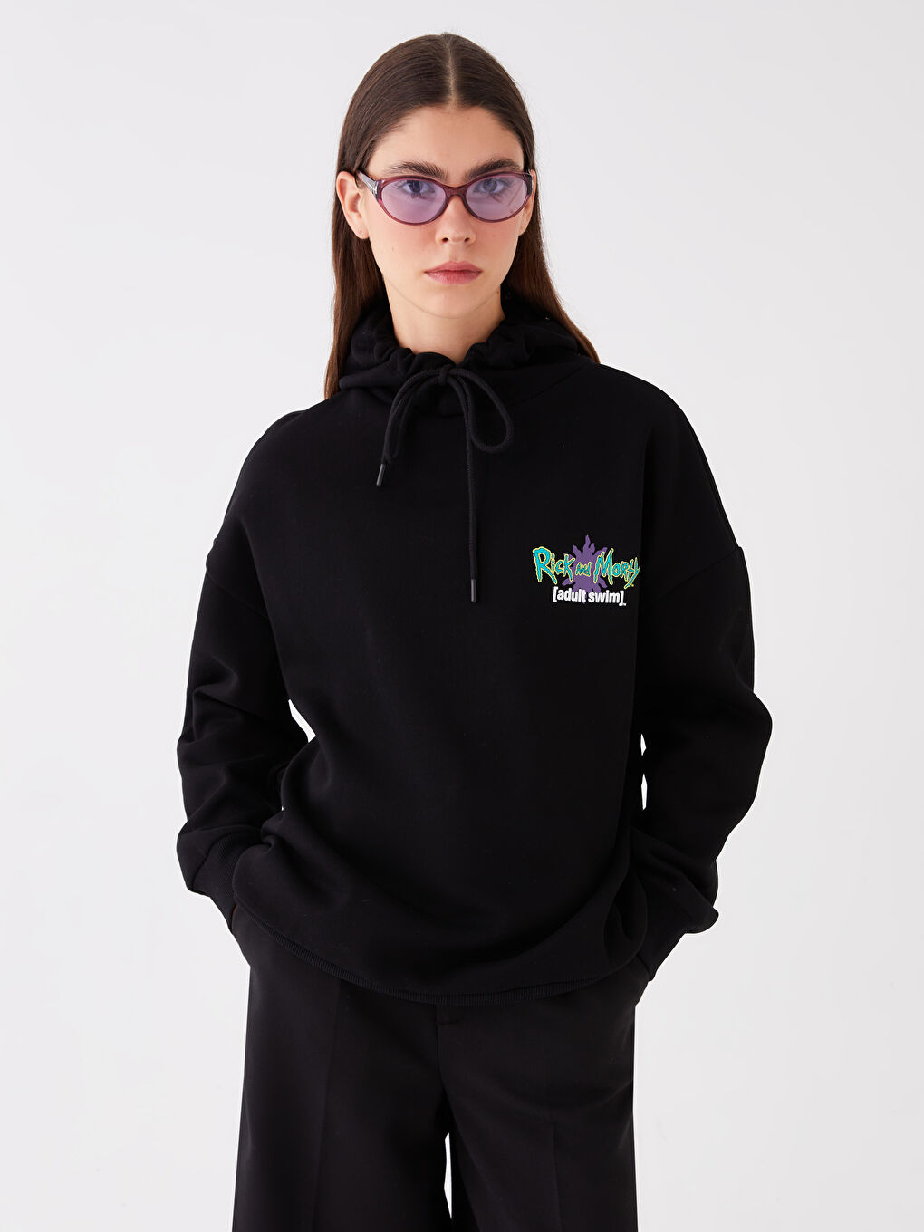 XSIDE Yeni Siyah Rick and Morty Baskılı Oversize Kadın Kalın Hoodie - 1