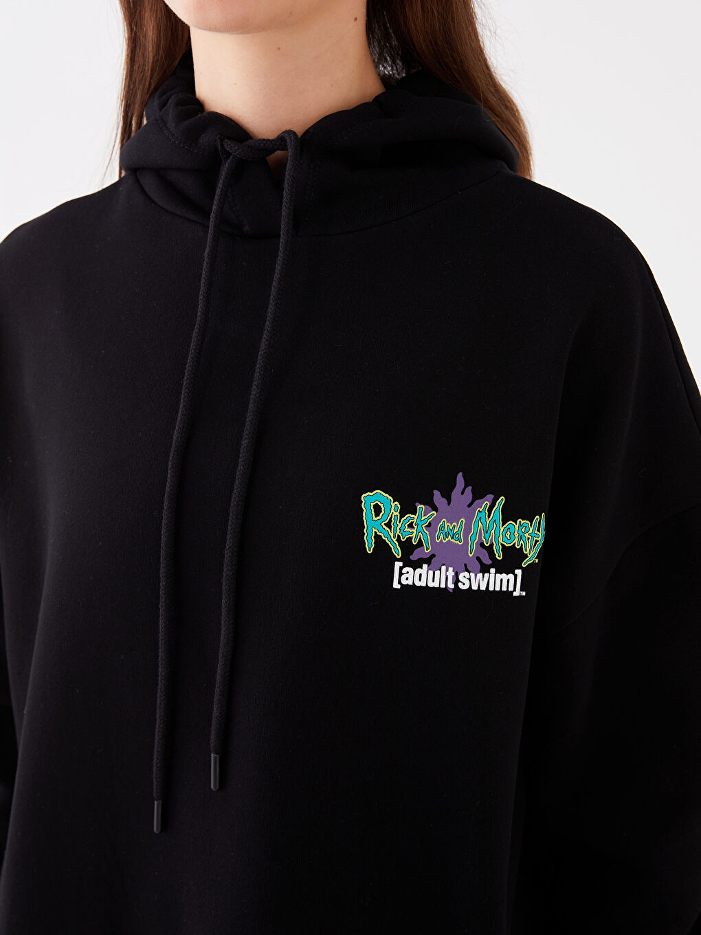 XSIDE Yeni Siyah Rick and Morty Baskılı Uzun Kollu Oversize Kadın Hoodie - 3