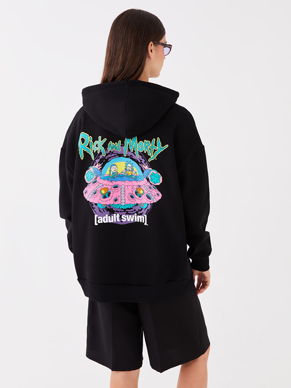 XSIDE Yeni Siyah Rick and Morty Baskılı Oversize Kadın Kalın Hoodie - 4