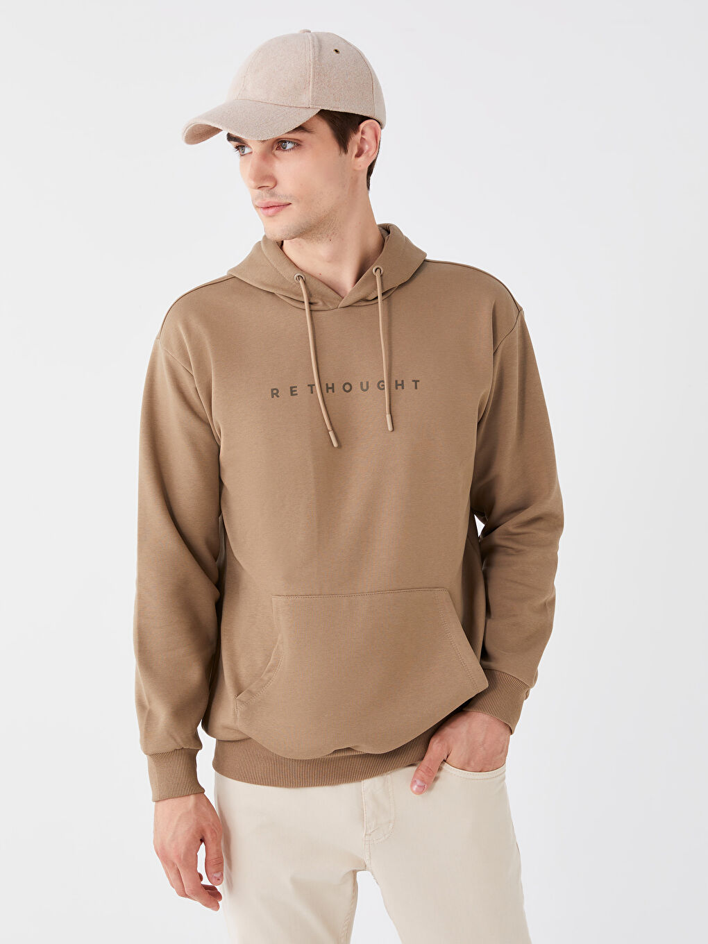 Kahverengi Uzun Kollu Baskılı Erkek Kalın Hoodie