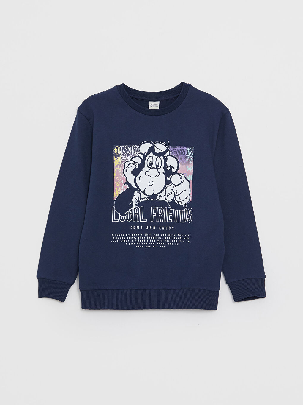 LCW Kids Lacivert Bisiklet Yaka Nostaljik Maymun Baskılı Uzun Kollu Erkek Çocuk Sweatshirt