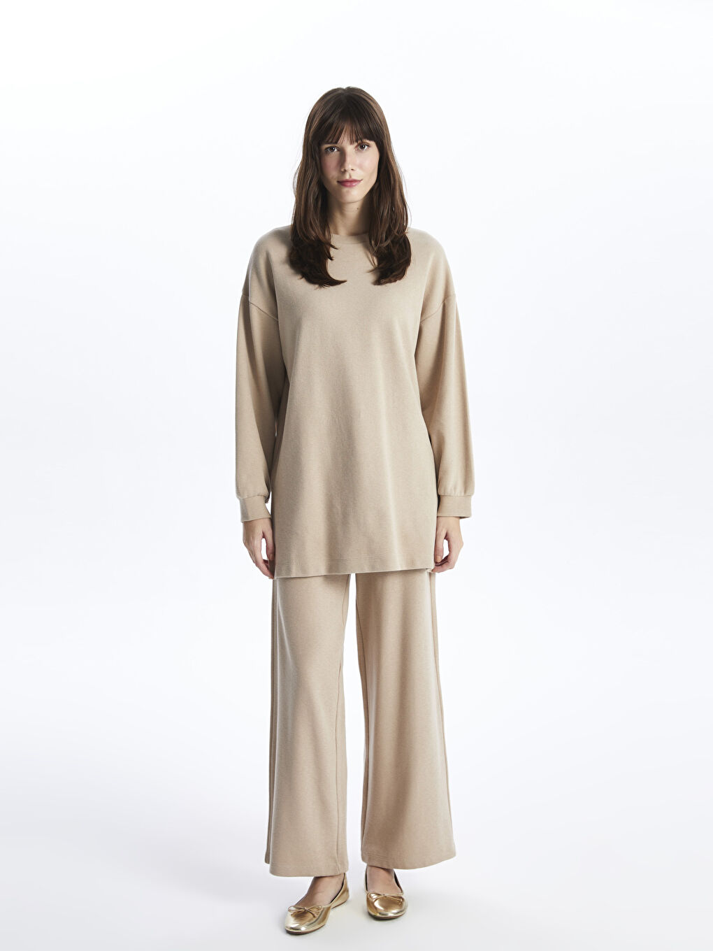 Bej Bisiklet Yaka Düz Uzun Kollu Kadın Tunik-2