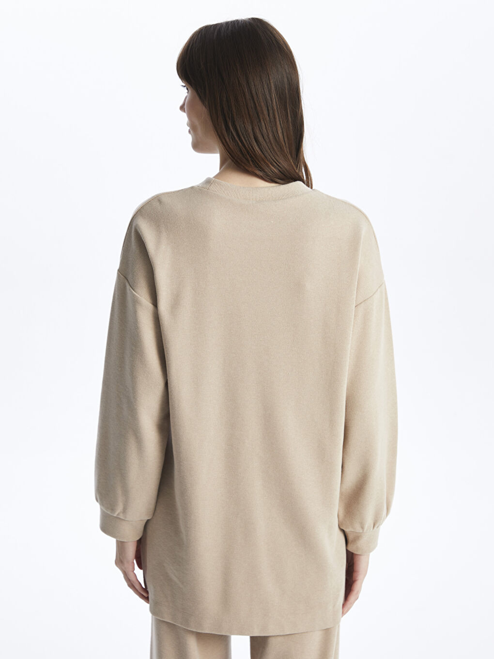 Bej Bisiklet Yaka Düz Uzun Kollu Kadın Tunik-4