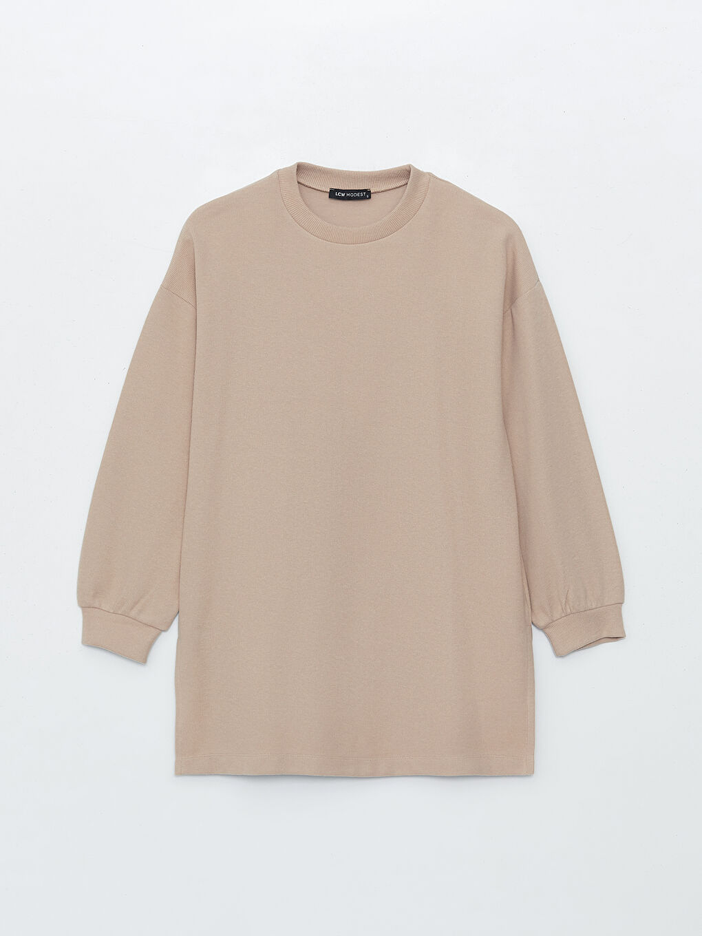 Bej Bisiklet Yaka Düz Uzun Kollu Kadın Tunik-5