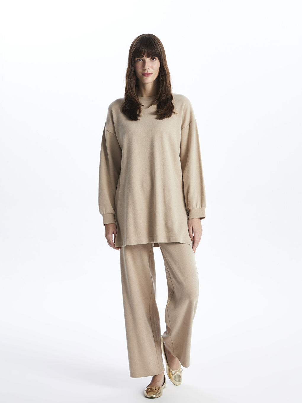 Bej Beli Lastikli Düz Kadife Kadın Eşofman Altı