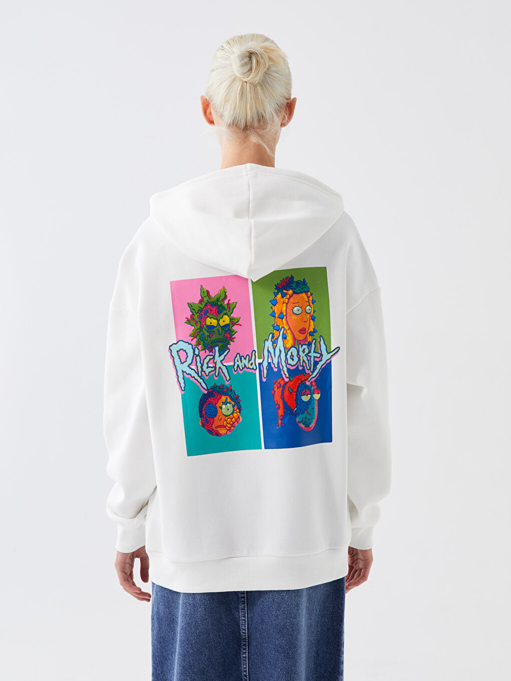 XSIDE Ekru Rick and Morty Baskılı Uzun Kollu Oversize Kadın Hoodie - 4