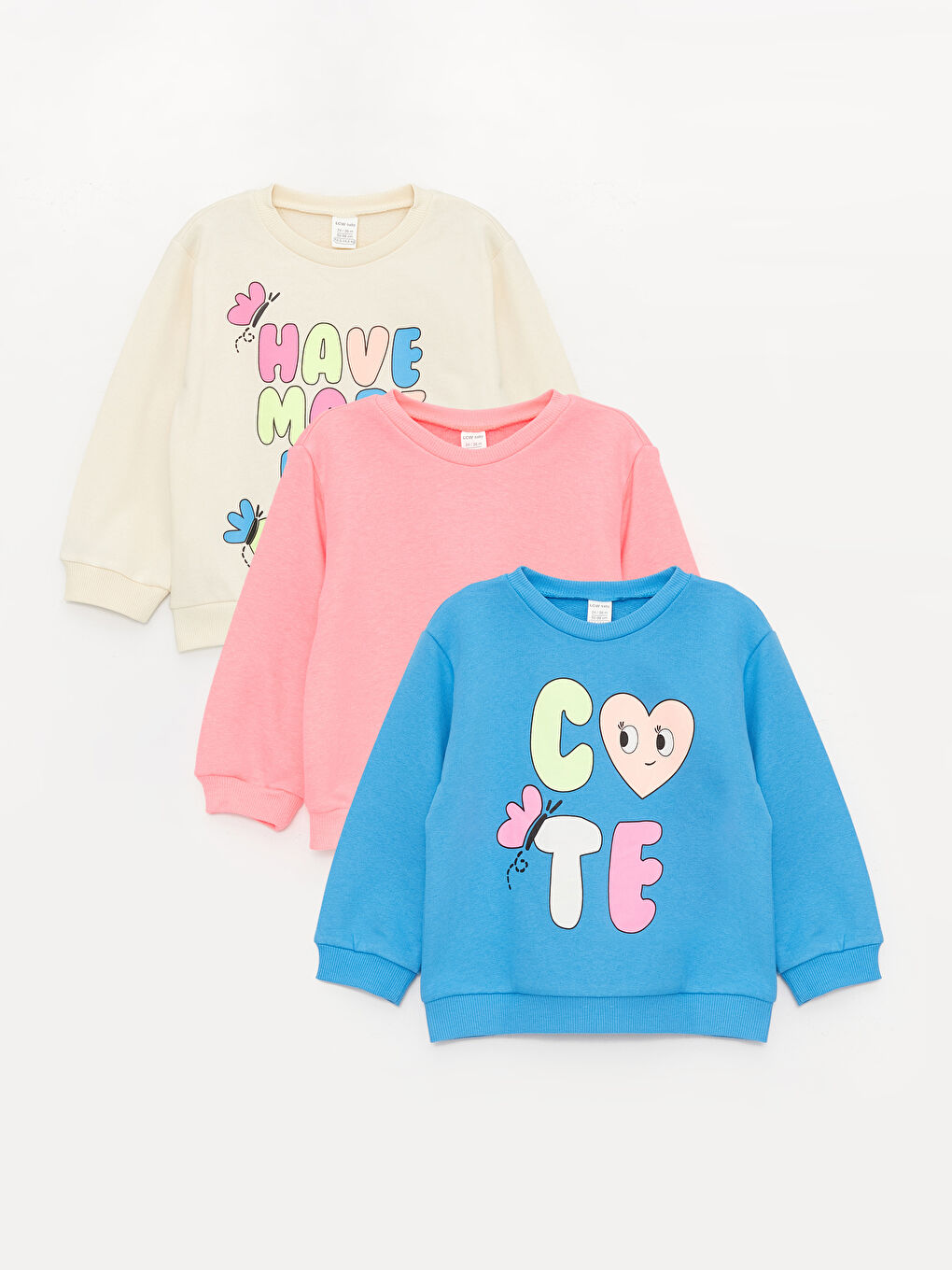 Ekru Bisiklet Yaka Baskılı Kız Bebek Sweatshirt 3'lü