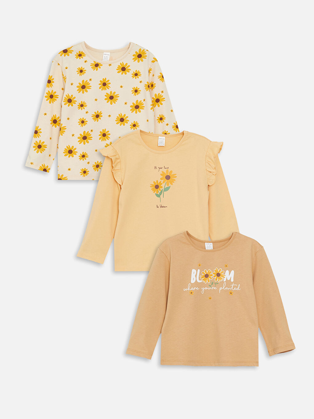 Crew Neck Long Sleeve Printed Baby Girl T-Shirt, Pack of 3