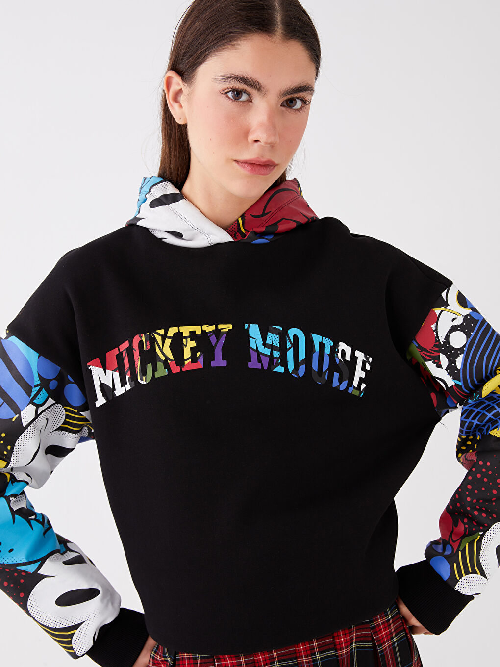 XSIDE Yeni Siyah Mickey Mouse Baskılı Uzun Kollu Oversize Kadın Hoodie