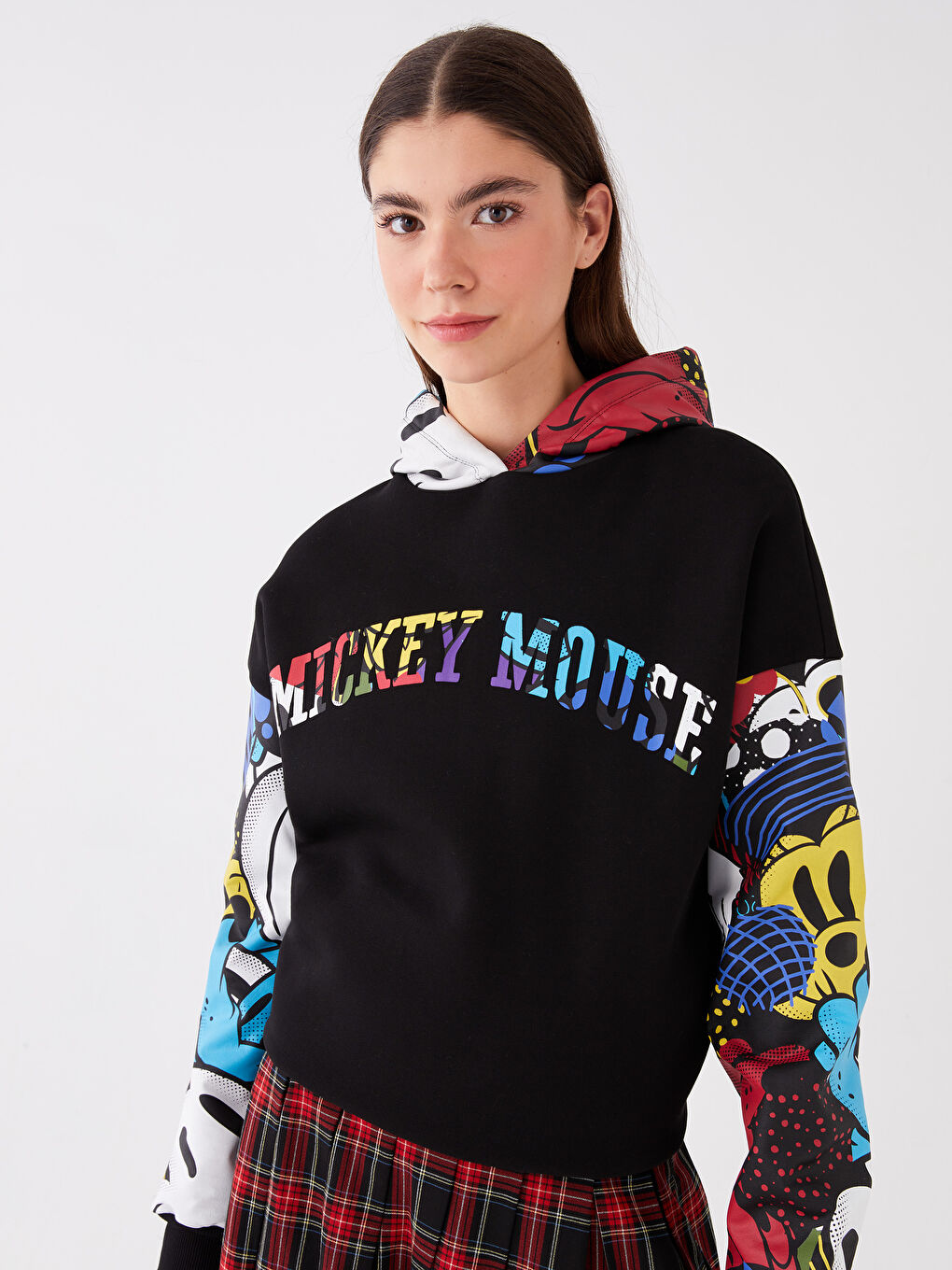 XSIDE Yeni Siyah Mickey Mouse Baskılı Oversize Kadın Kalın Hoodie - 1