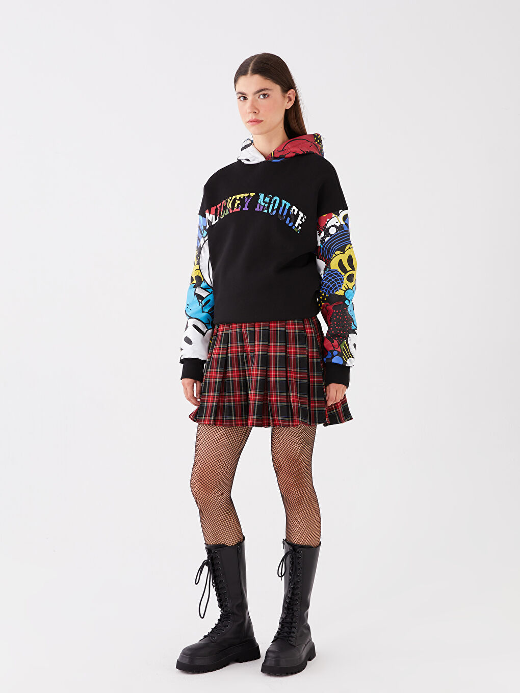 XSIDE Yeni Siyah Mickey Mouse Baskılı Oversize Kadın Kalın Hoodie - 2