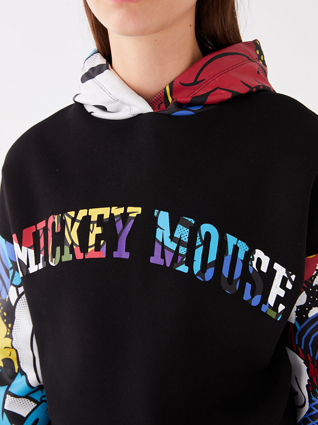 XSIDE Yeni Siyah Mickey Mouse Baskılı Uzun Kollu Oversize Kadın Hoodie - 3