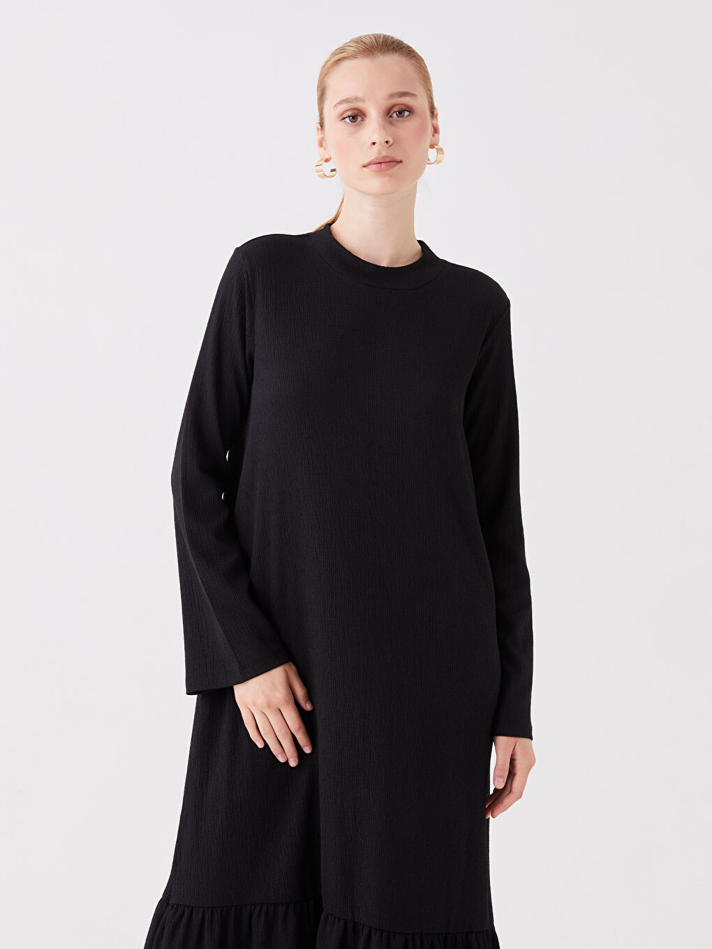 Siyah Bisiklet Yaka Düz Uzun Kollu Elbise-2