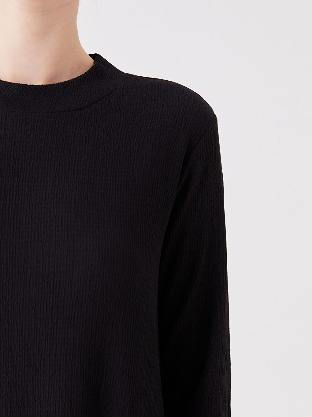 Siyah Bisiklet Yaka Düz Uzun Kollu Elbise-3