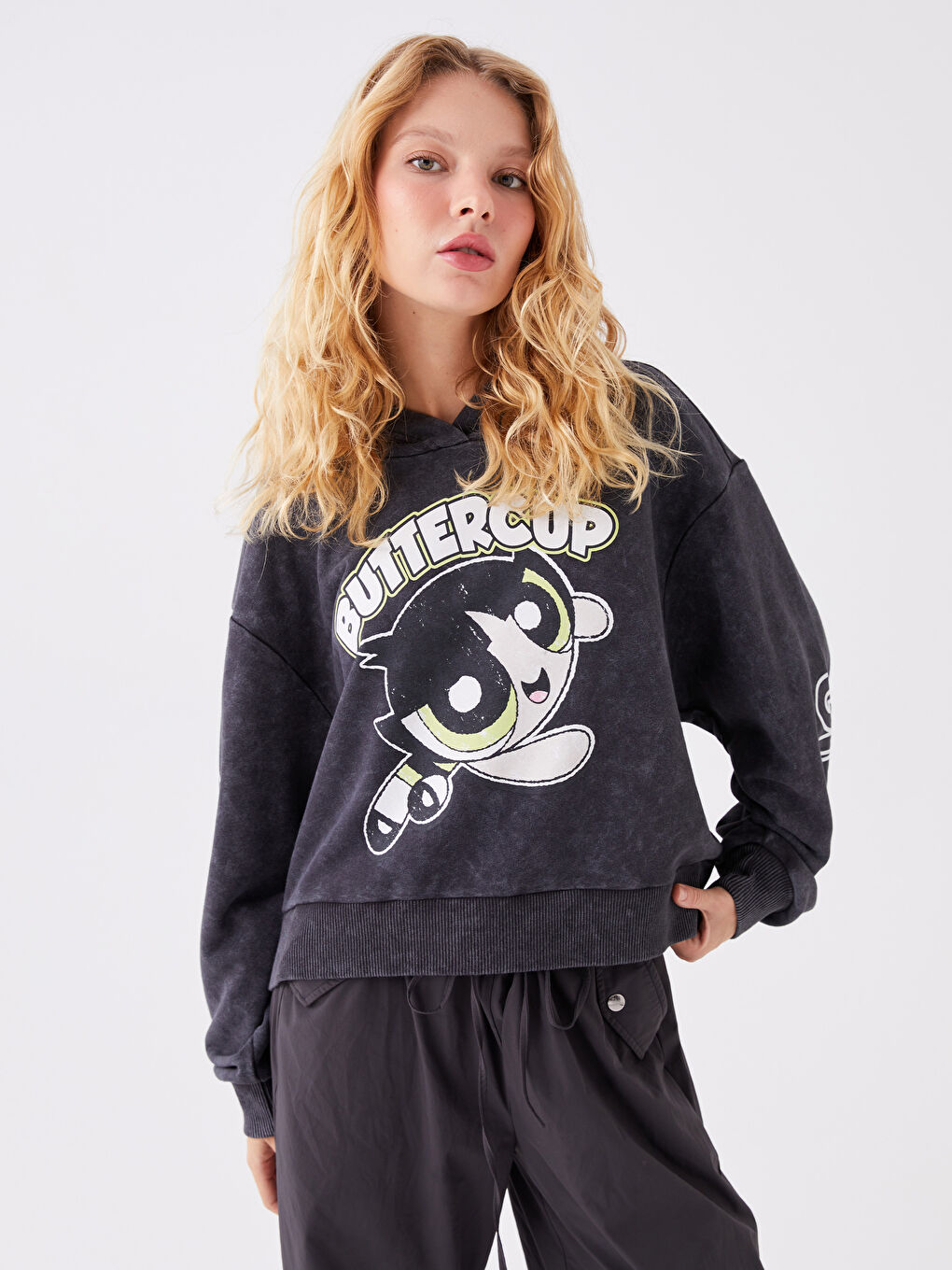 XSIDE Antrasit Powerpuff Girls Baskılı Oversize Kadın Kalın Hoodie