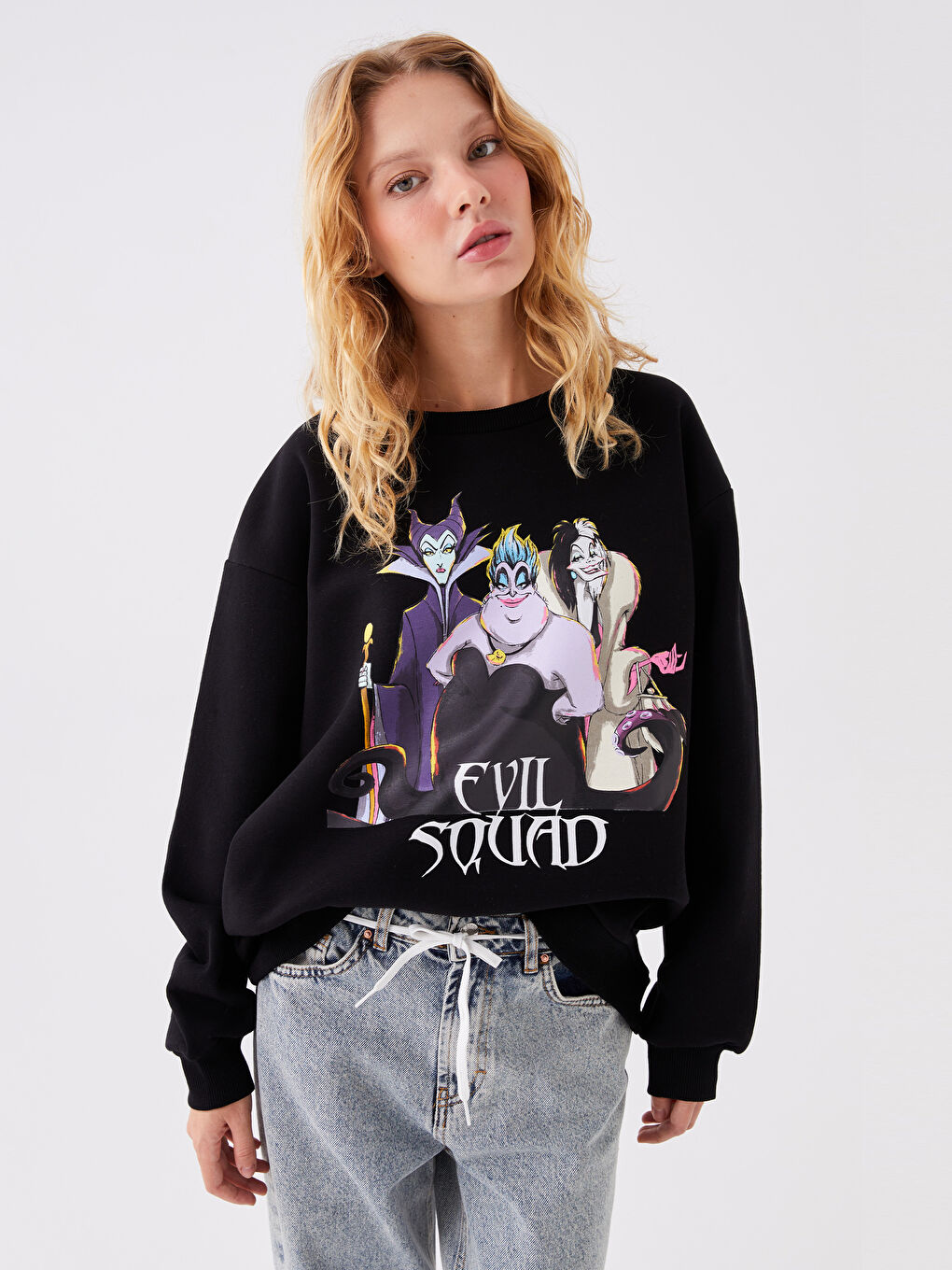 XSIDE Yeni Siyah Bisiklet Yaka Villains Baskılı Oversize Kadın Kalın Sweatshirt - 1