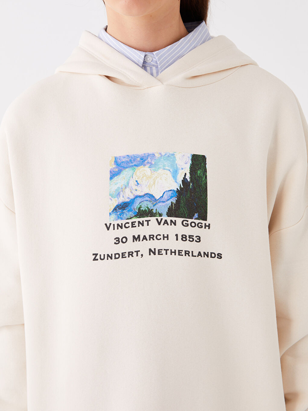 XSIDE Açık Bej Vincent Van Gogh Baskılı Oversize Kadın Kalın Hoodie - 3