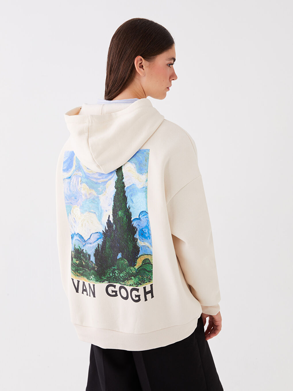 XSIDE Açık Bej Vincent Van Gogh Baskılı Oversize Kadın Kalın Hoodie - 4