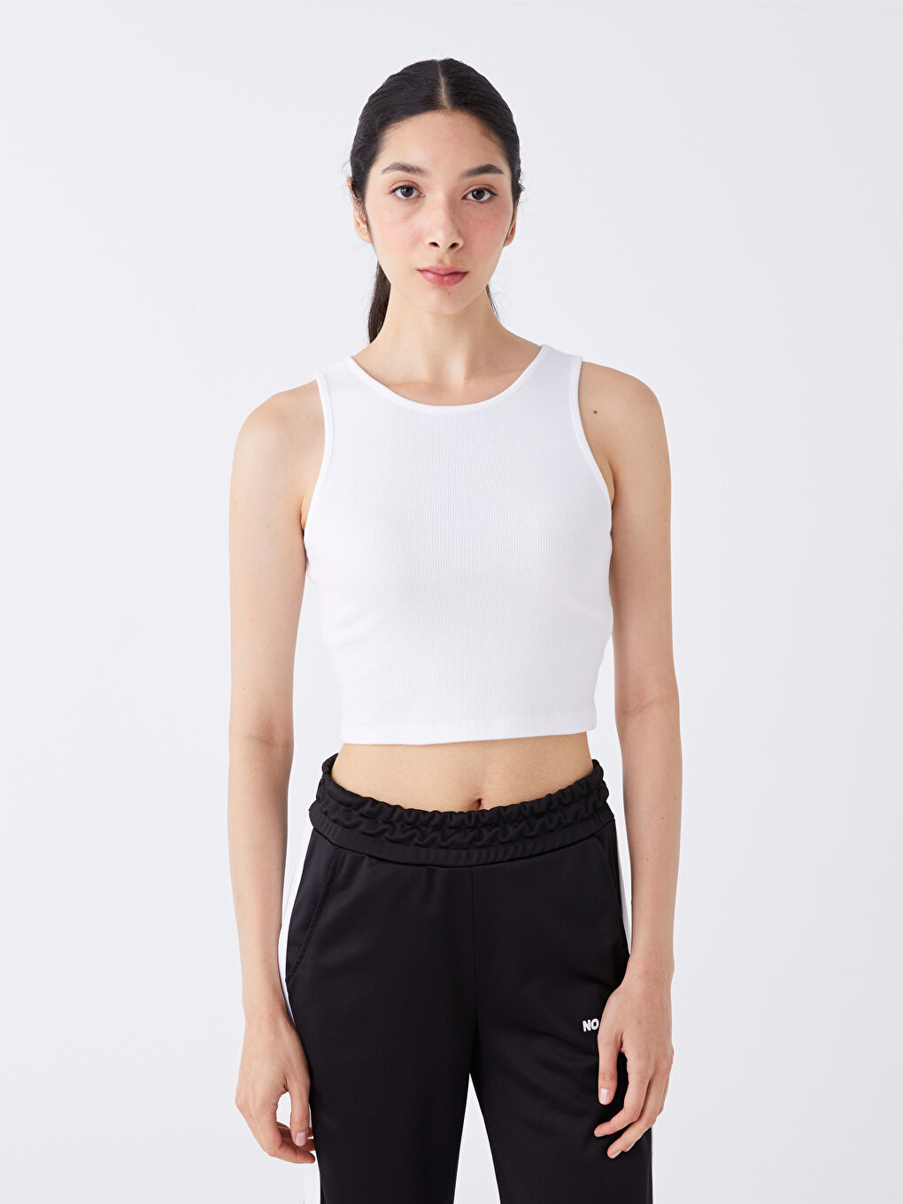 Beyaz Kadın Bisiklet Yaka Düz Crop-1