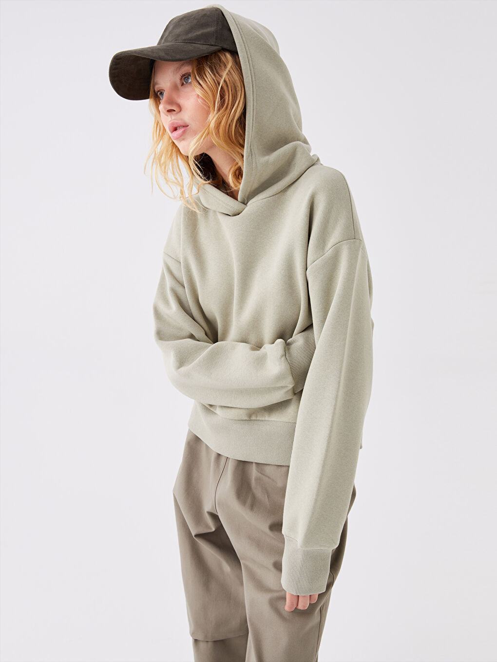 XSIDE Mat Yeşil Düz Oversize Kadın Hoodie