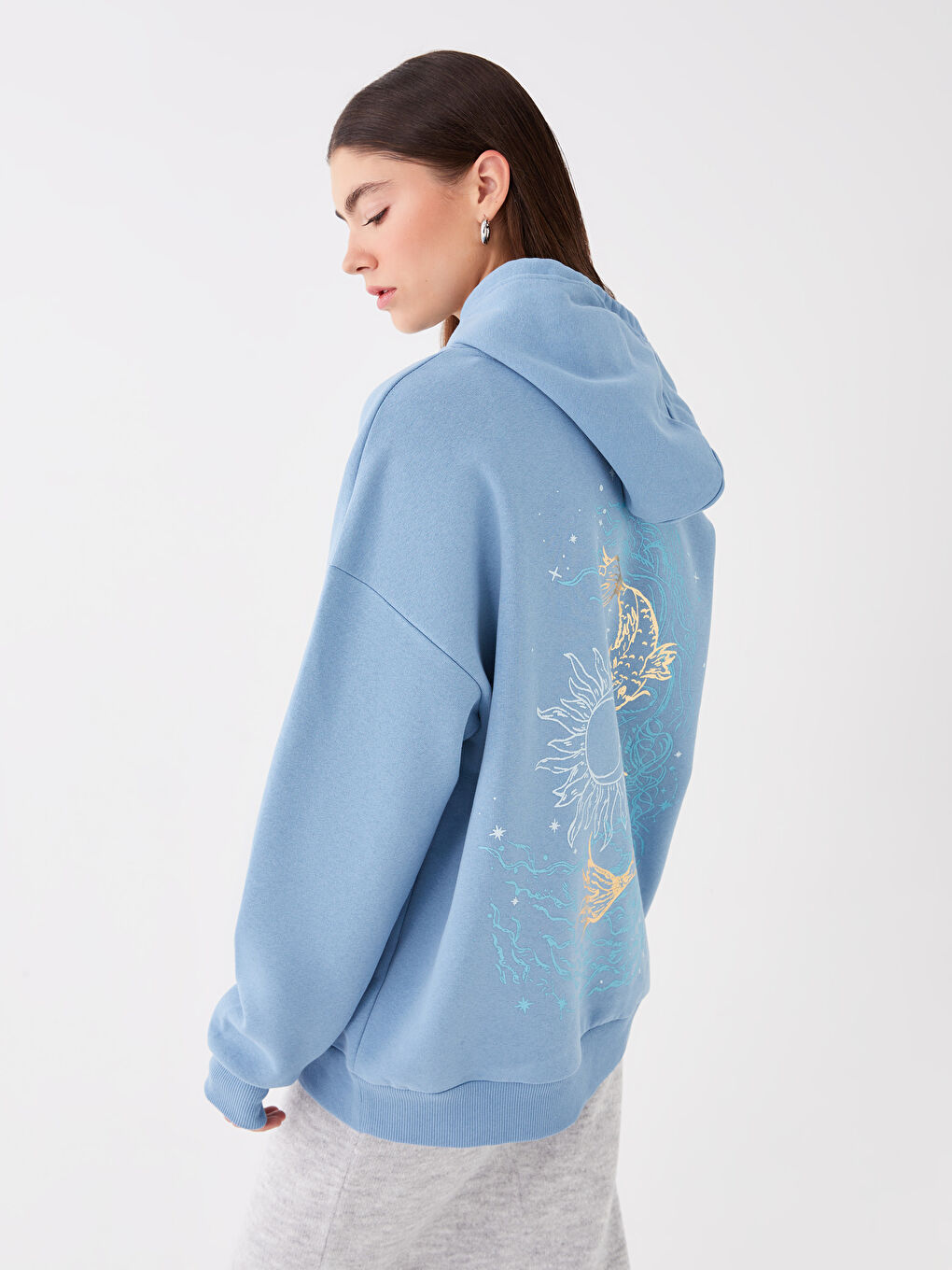 XSIDE Mat Mavi Baskılı Oversize Kadın Kalın Hoodie