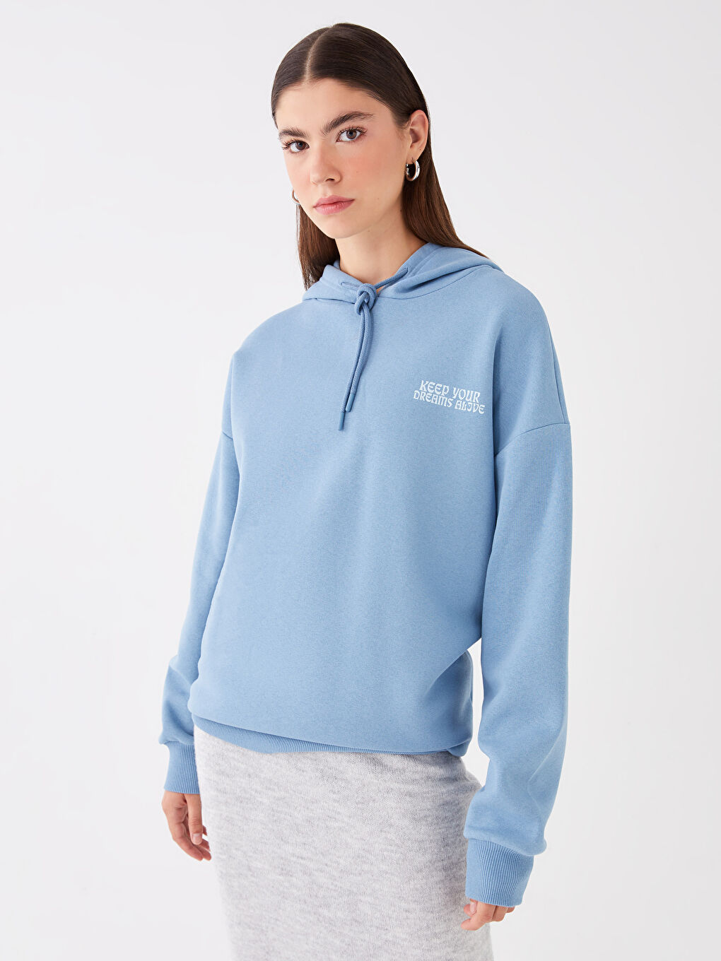 XSIDE Mat Mavi Baskılı Oversize Kadın Kalın Hoodie - 1