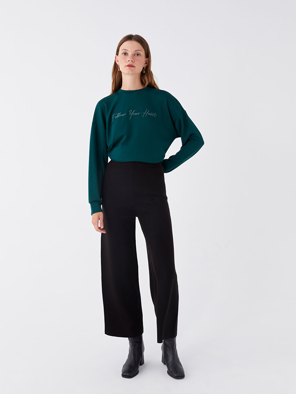 Siyah Kadın Beli Lastikli Düz Triko Pantolon