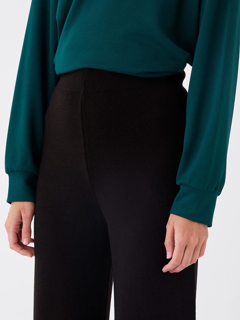 Siyah Kadın Beli Lastikli Düz Triko Pantolon-2