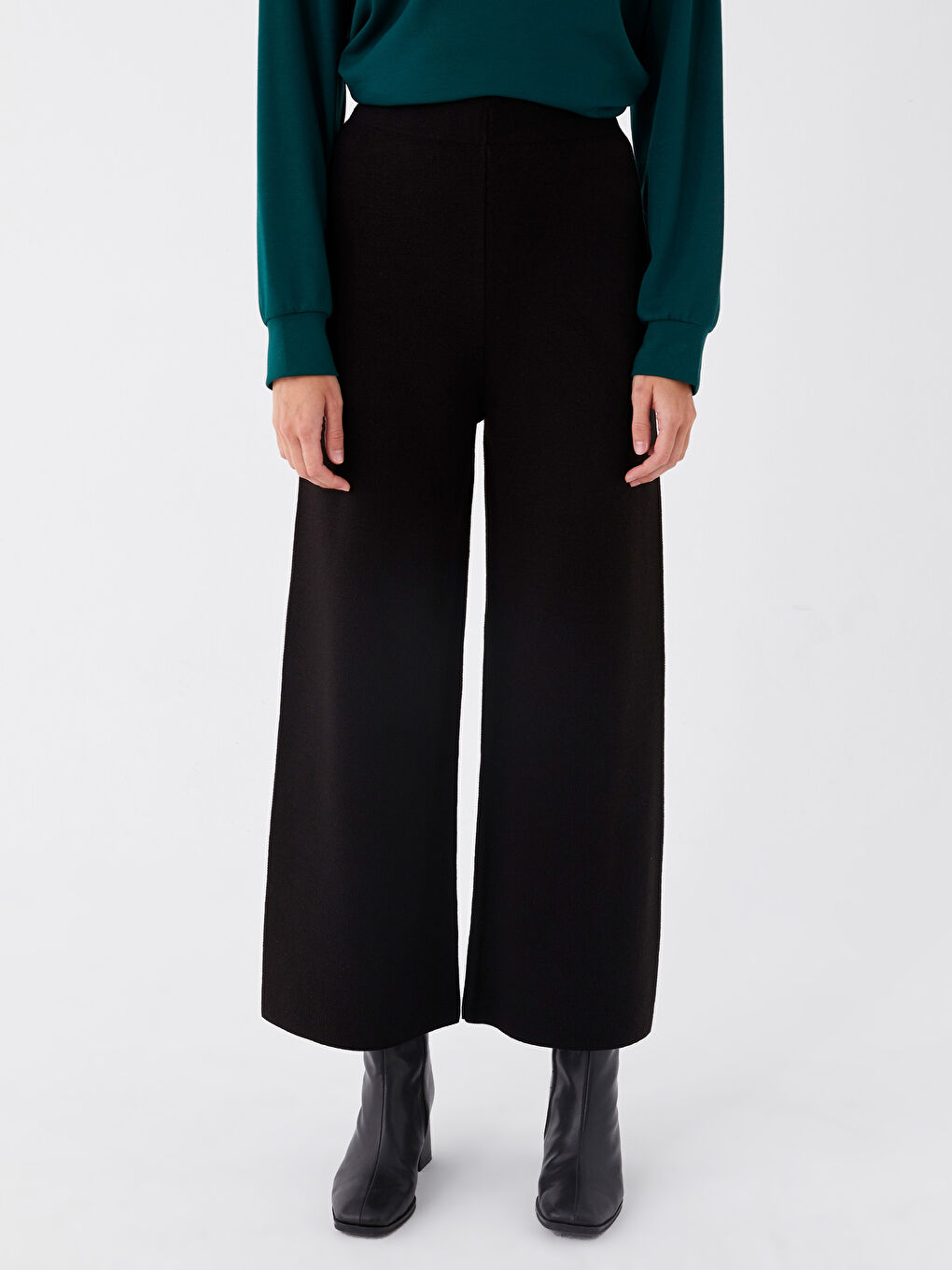 Siyah Kadın Beli Lastikli Düz Triko Pantolon-3