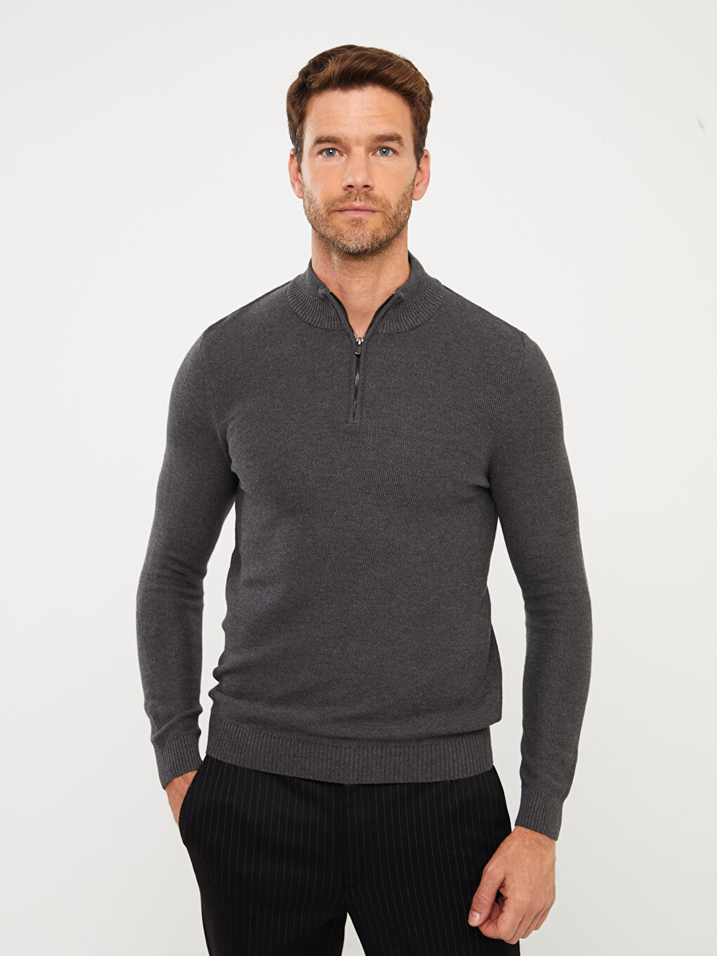 Funnel Neck Long Sleeve Men's Knitwear Sweater