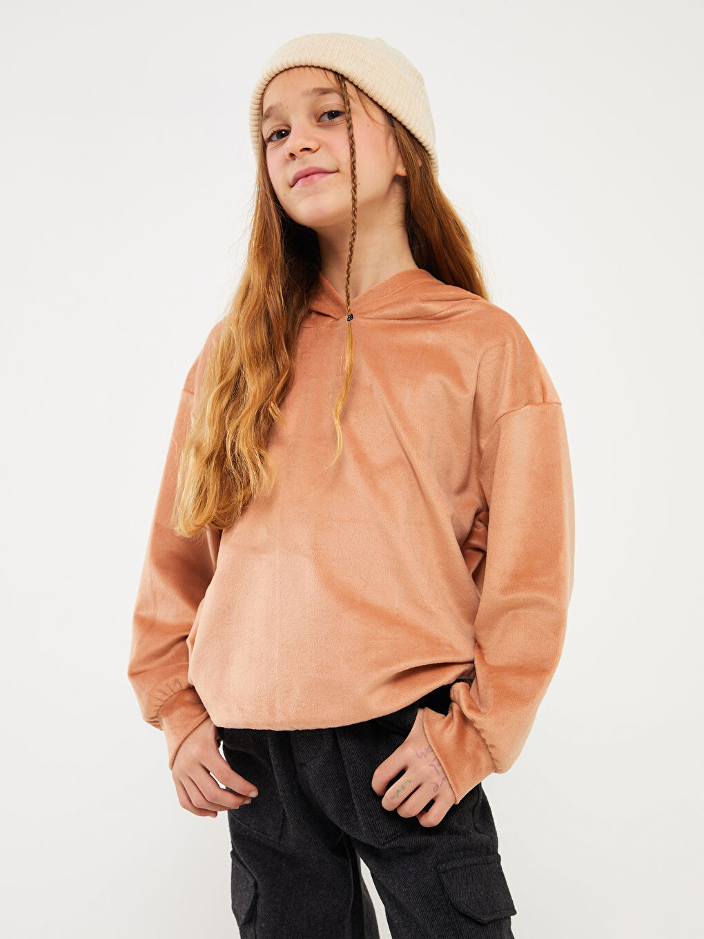 Kahverengi Basic Uzun Kollu Kadife Kız Çocuk Hoodie