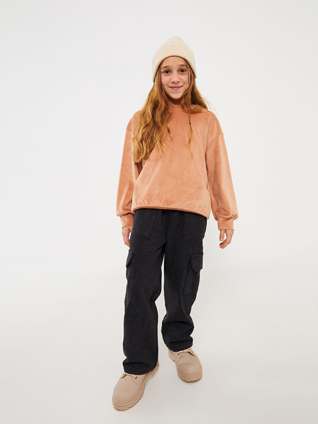 Kahverengi Basic Uzun Kollu Kadife Kız Çocuk Hoodie-1