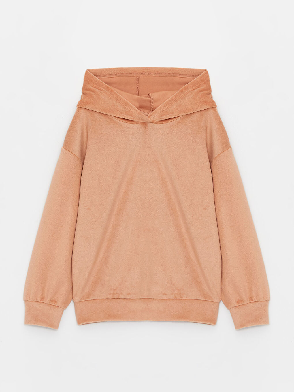 Kahverengi Basic Uzun Kollu Kadife Kız Çocuk Hoodie-3