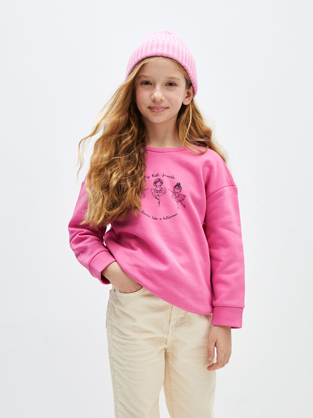 Pembe Bisiklet Yaka Baskılı Uzun Kollu Kız Çocuk Sweatshirt