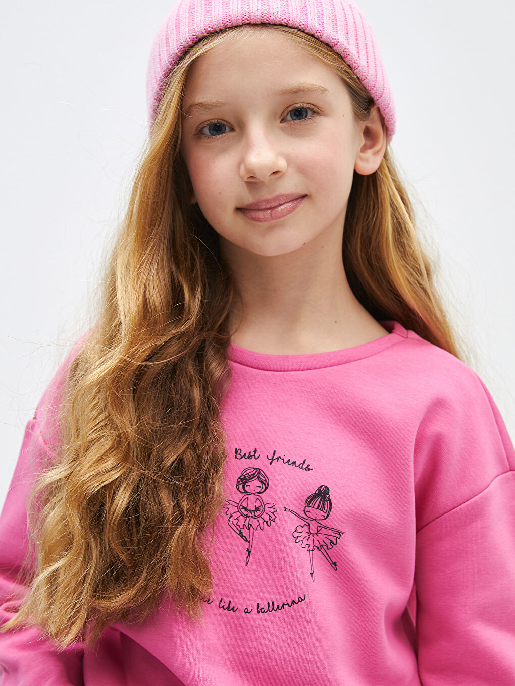 Pembe Bisiklet Yaka Baskılı Uzun Kollu Kız Çocuk Sweatshirt-1