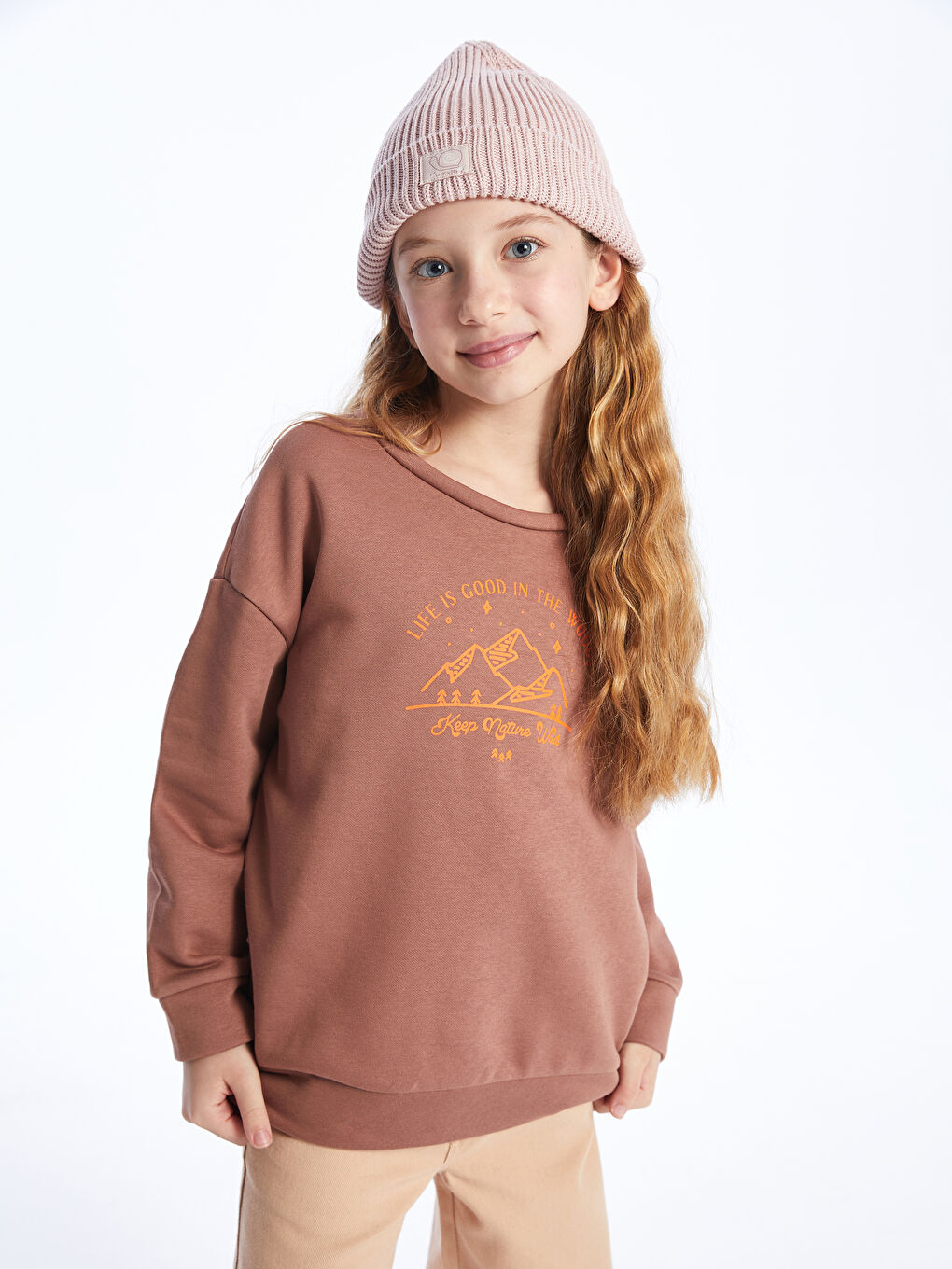 LCW Kids Açık Kahve Bisiklet Yaka Baskılı Uzun Kollu Kız Çocuk Sweatshirt - 1