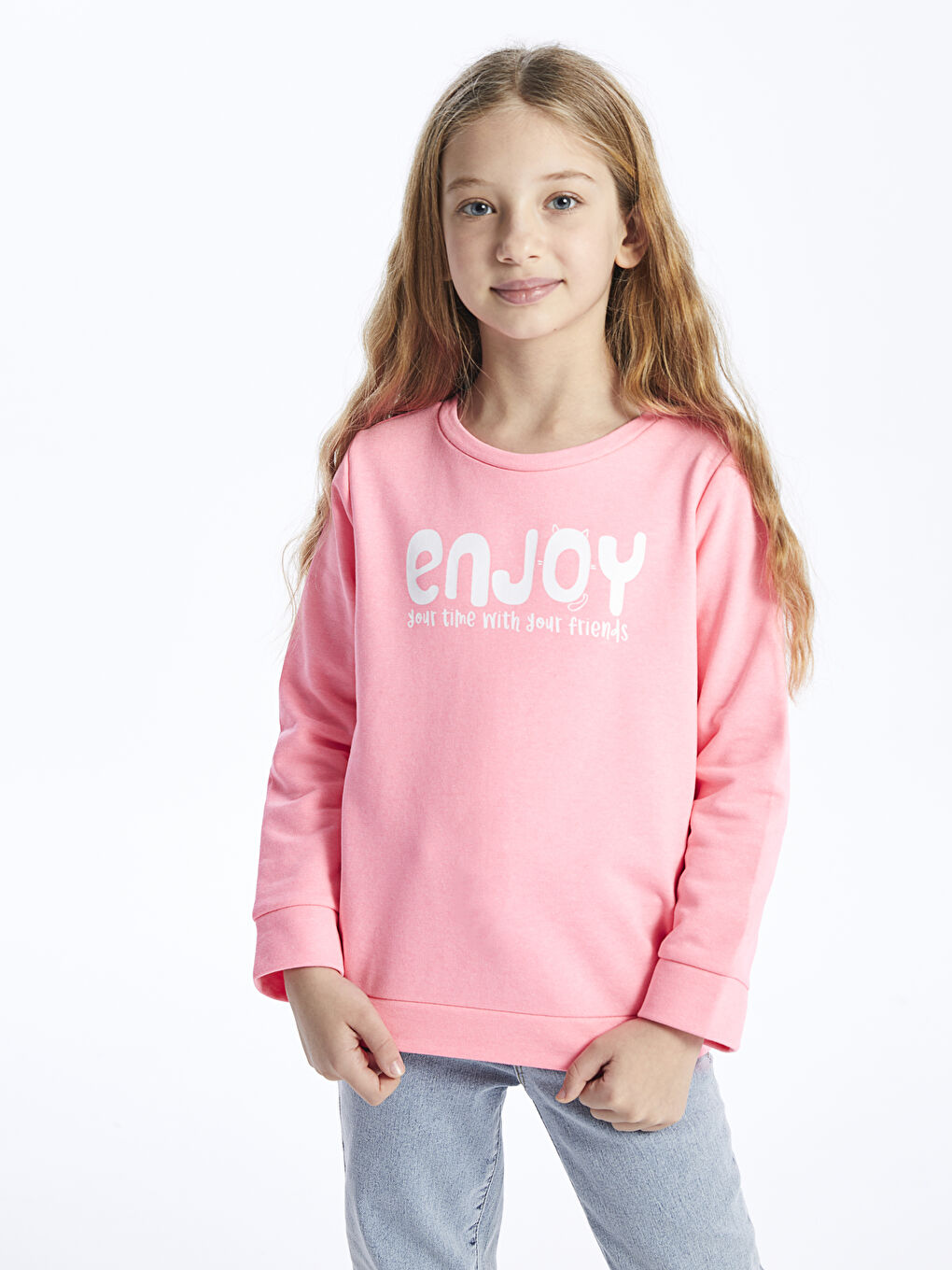 Pembe Bisiklet Yaka Baskılı Uzun Kollu Kız Çocuk Sweatshirt-1