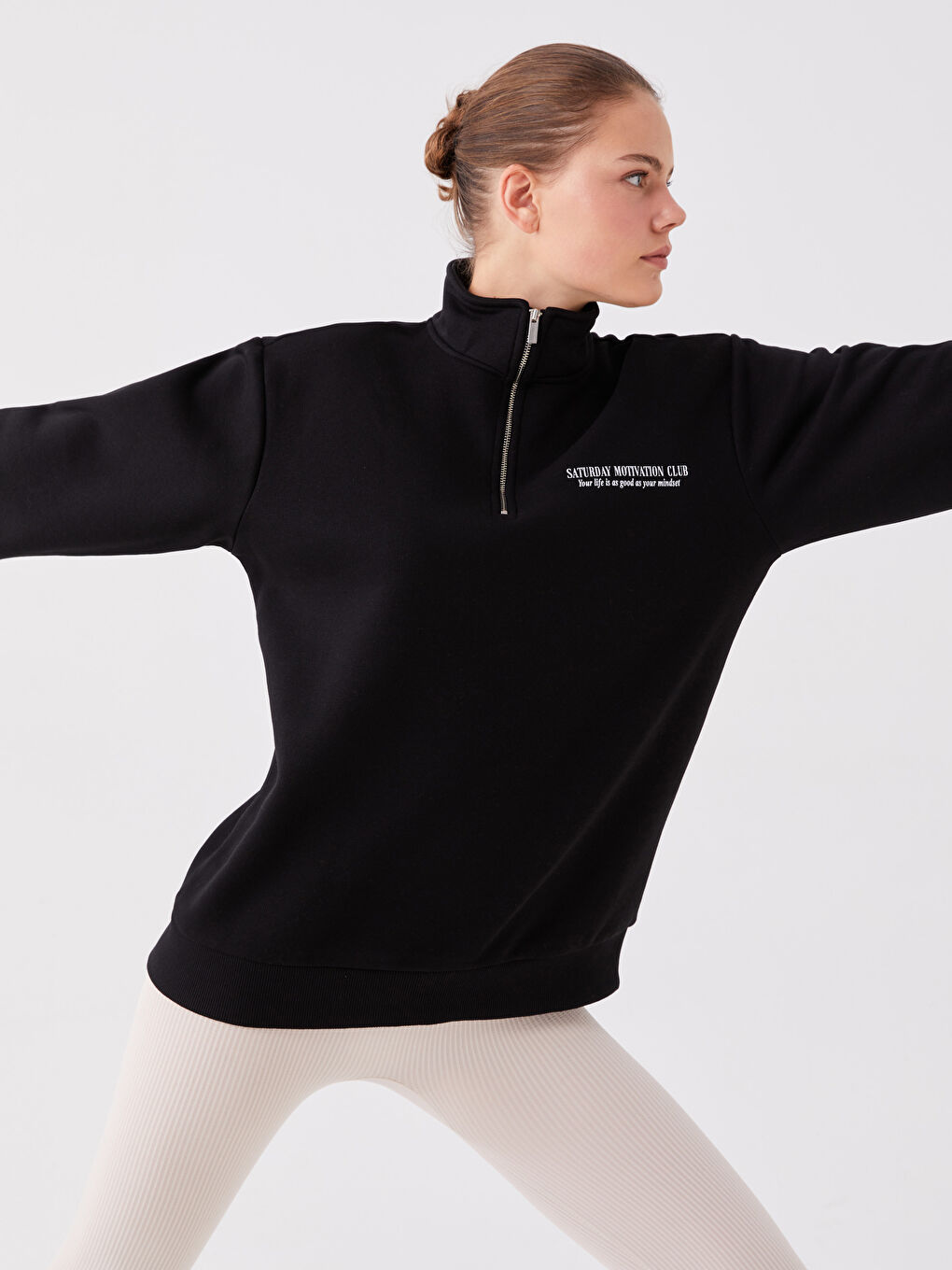 XSIDE ACTIVE Siyah Dik Yaka Baskılı Uzun Kollu Oversize Kadın Sweatshirt