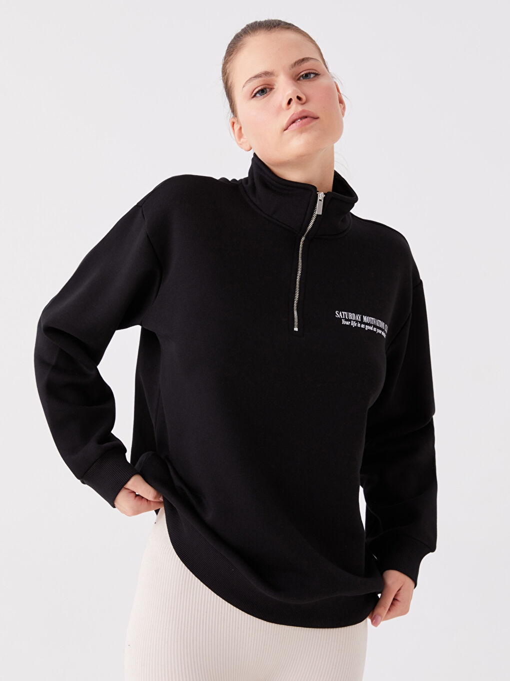 XSIDE ACTIVE Siyah Dik Yaka Baskılı Uzun Kollu Oversize Kadın Sweatshirt - 1