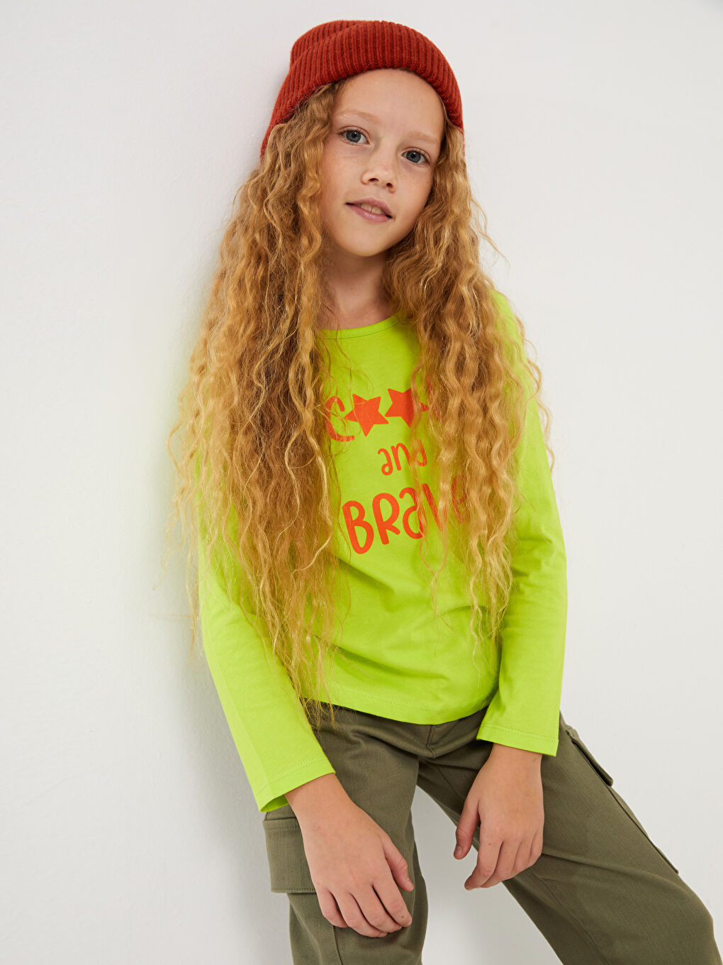 Yeşil Bisiklet Yaka Baskılı Uzun Kollu Kız Çocuk Tişört