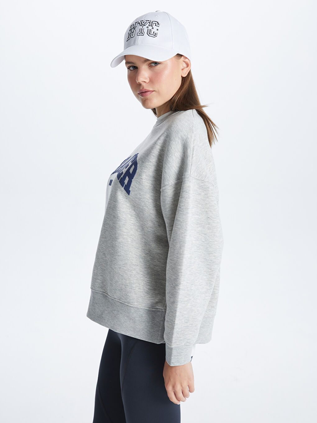 XSIDE ACTIVE Gri Melanj Bisiklet Yaka Baskılı Uzun Kollu Oversize Kadın Sweatshirt - 1