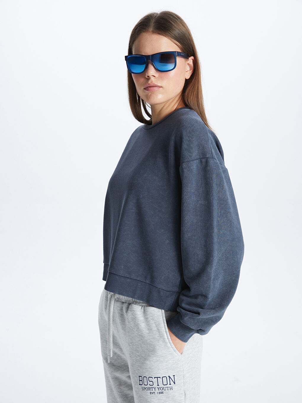 Antrasit Bisiklet Yaka Oversize Kadın Sweatshirt