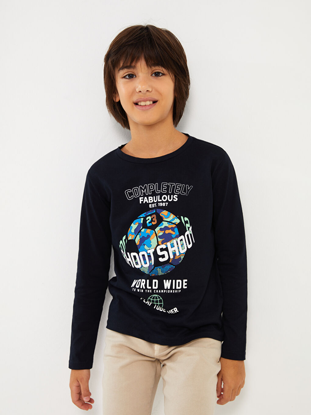 Lacivert Bisiklet Yaka Baskılı Uzun Kollu Erkek Çocuk Tişört-1