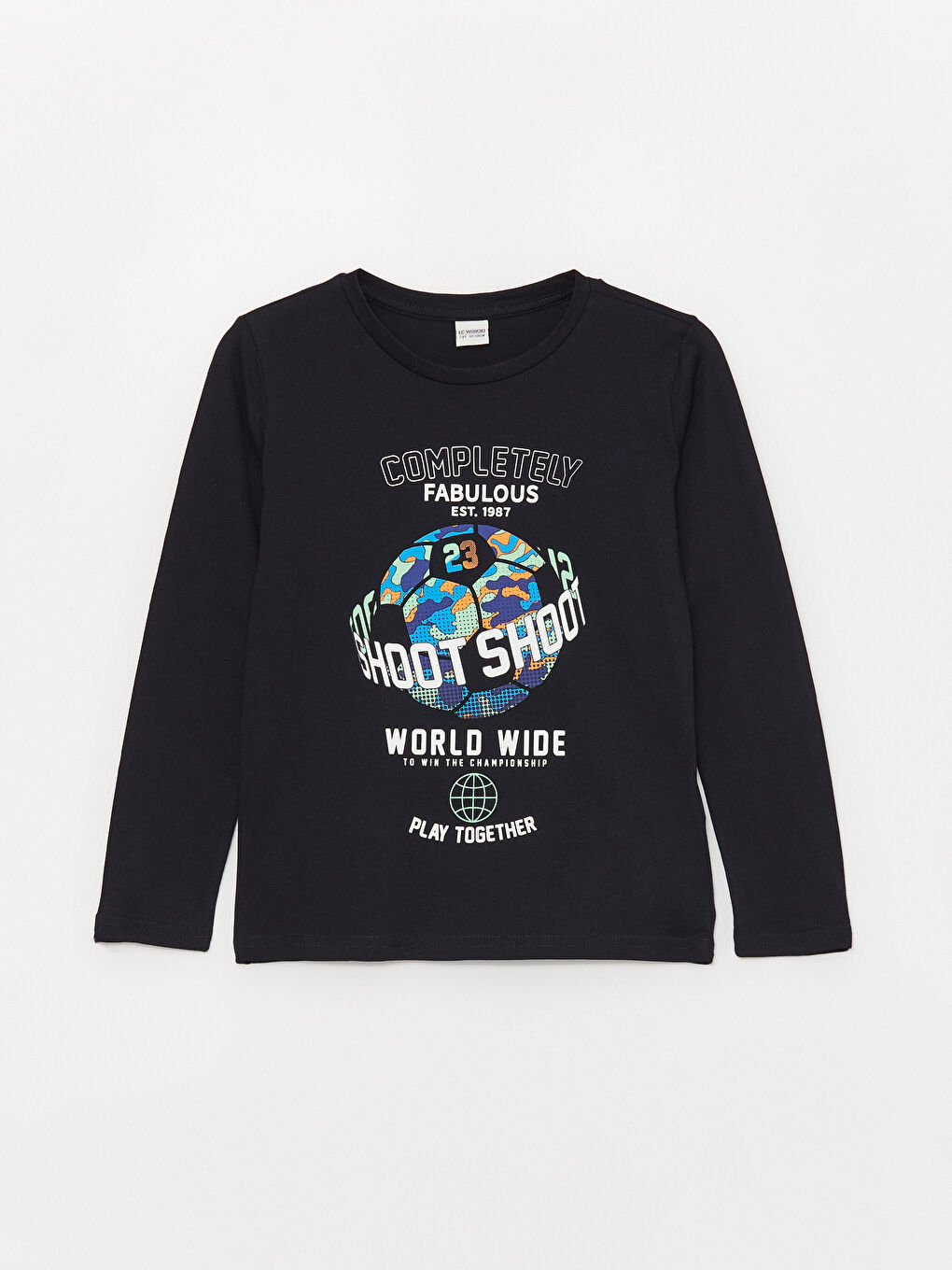 Lacivert Bisiklet Yaka Baskılı Uzun Kollu Erkek Çocuk Tişört-2