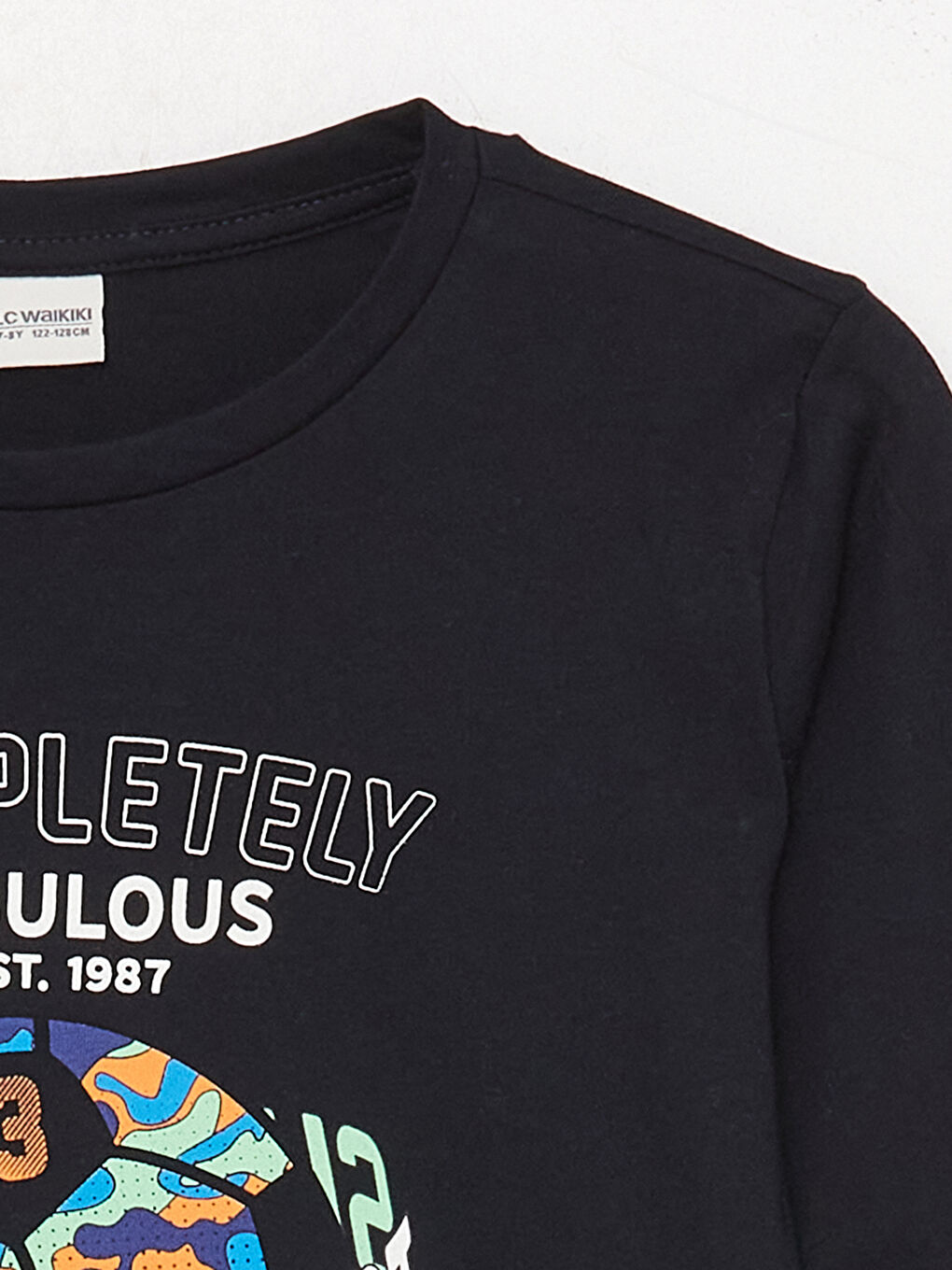 Lacivert Bisiklet Yaka Baskılı Uzun Kollu Erkek Çocuk Tişört-3