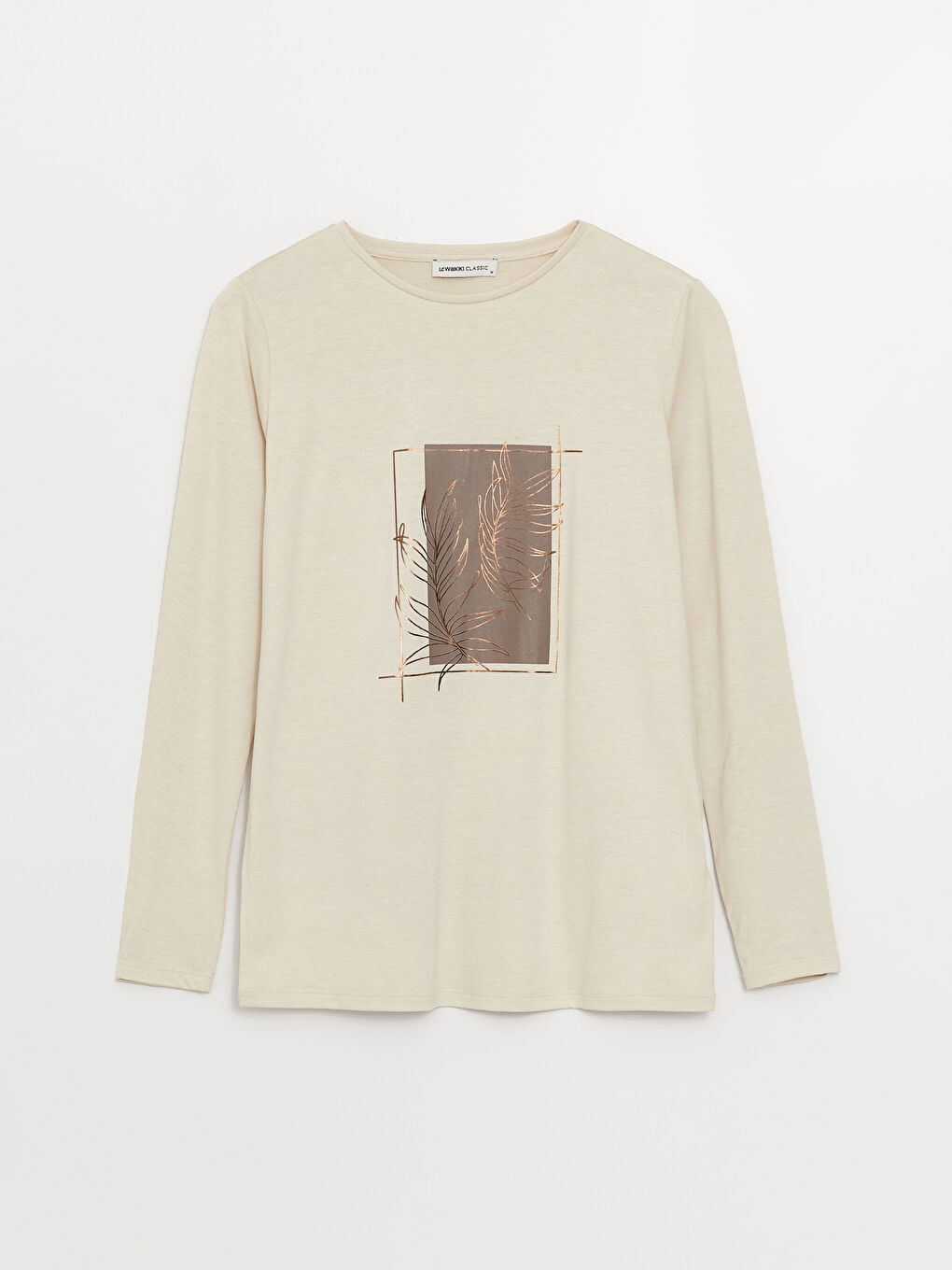 Bej Bisiklet Yaka Baskılı Uzun Kollu Kadın Tişört-5