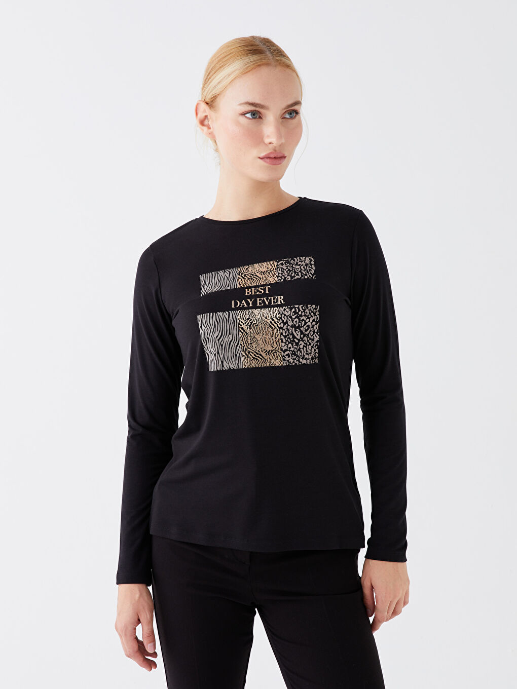Siyah Bisiklet Yaka Baskılı Uzun Kollu Kadın Tişört