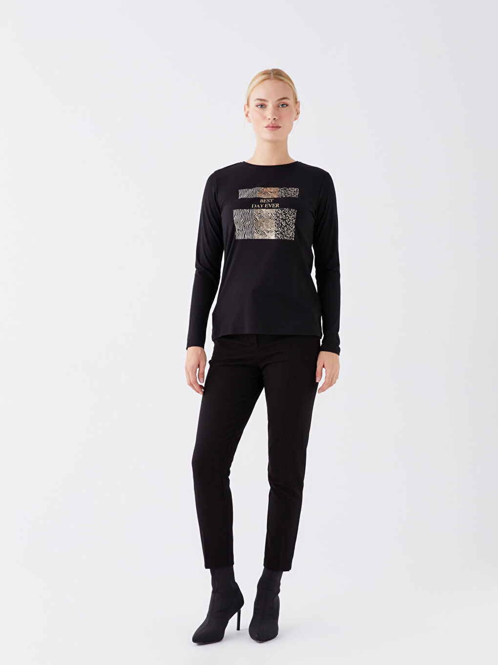 Siyah Bisiklet Yaka Baskılı Uzun Kollu Kadın Tişört-1