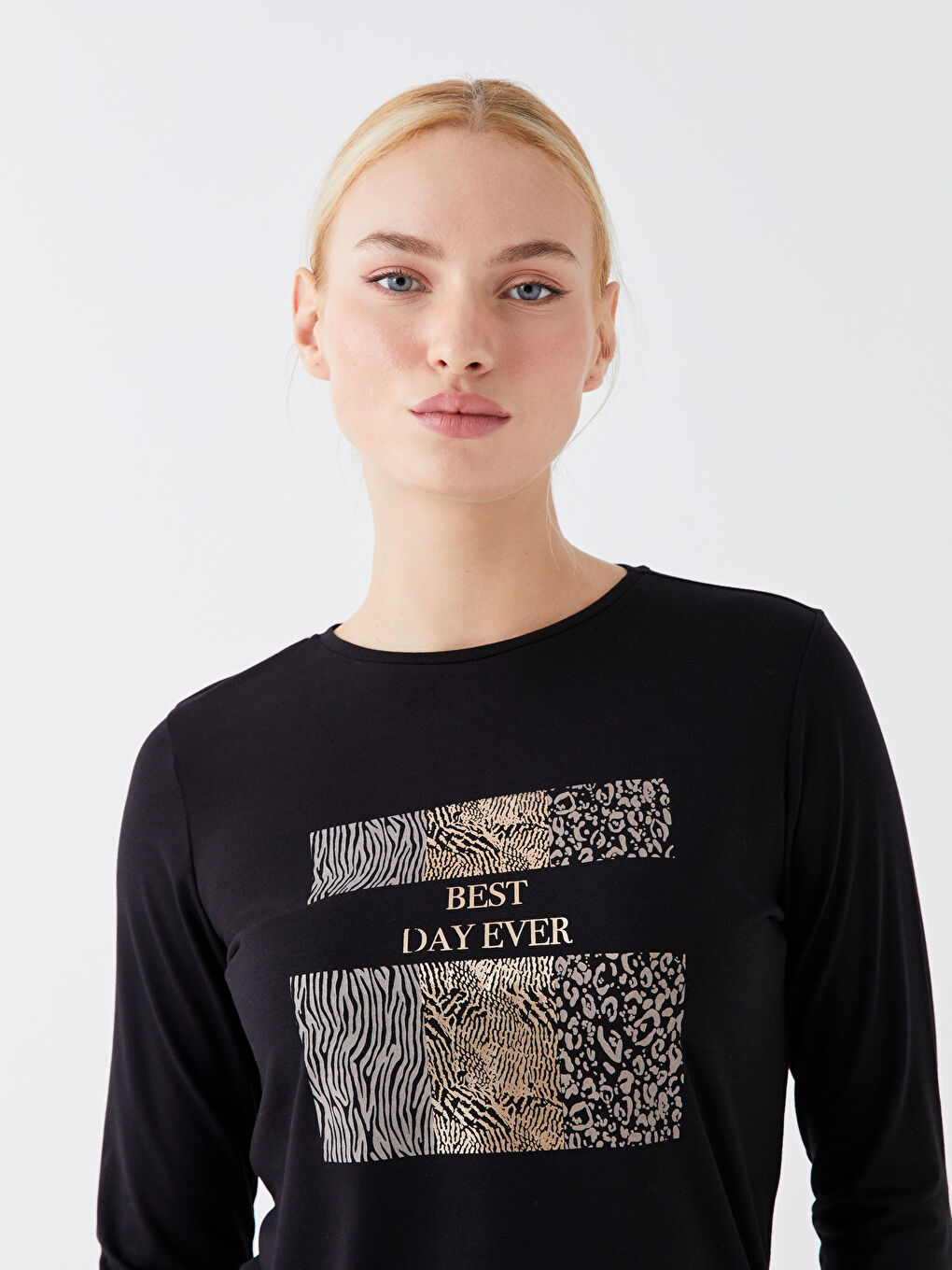 Siyah Bisiklet Yaka Baskılı Uzun Kollu Kadın Tişört-2