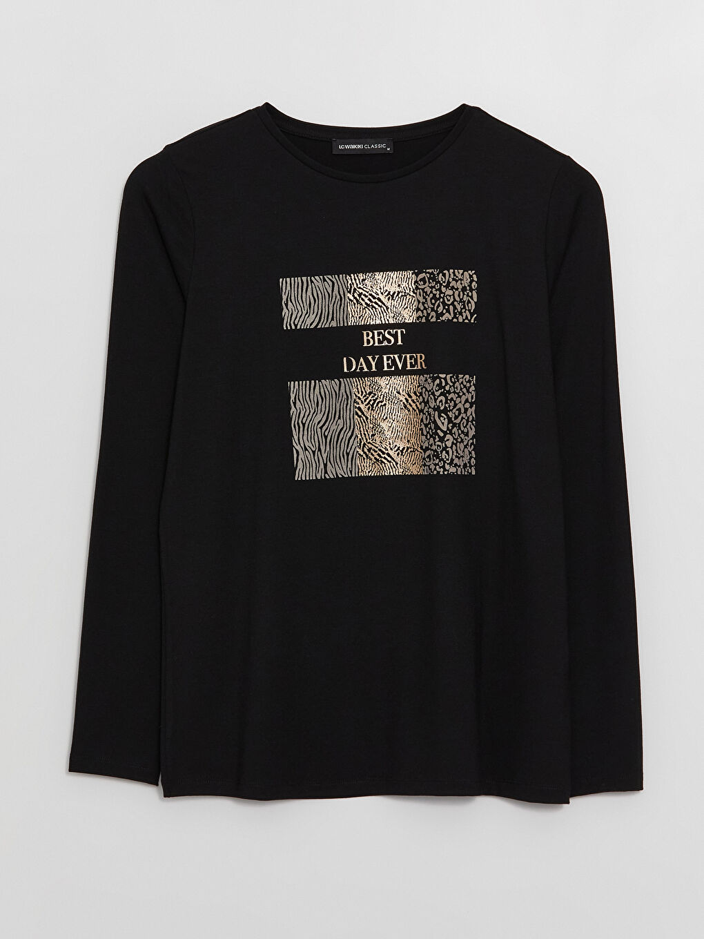 Siyah Bisiklet Yaka Baskılı Uzun Kollu Kadın Tişört-5